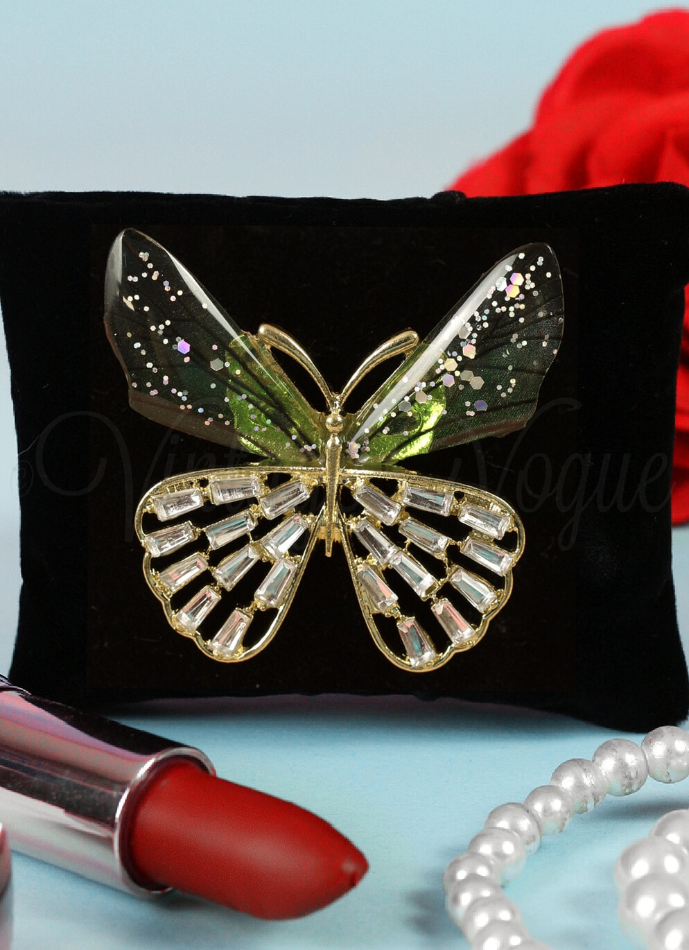Oh so Retro! Vintage Schmetterling Brosche Butterfly Transparent Brooch in Grün