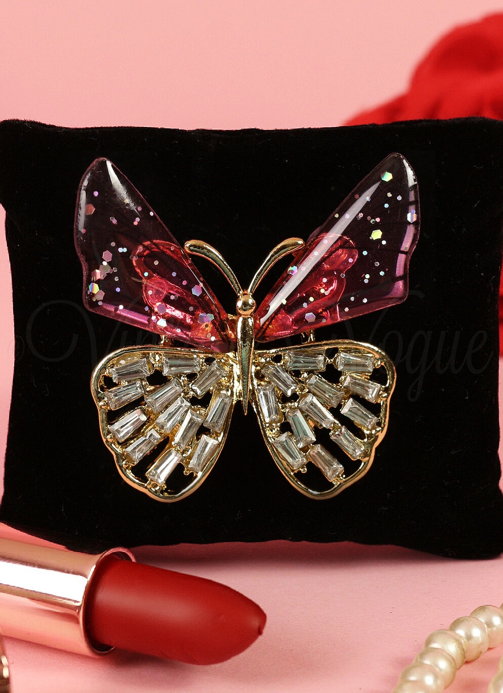 Oh so Retro! Vintage Schmetterling Brosche Butterfly Transparent Brooch in Rot & Pink