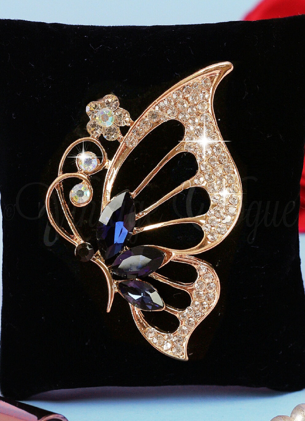Oh so Retro! Vintage Schmetterling Brosche Glitter Butterfly Brooch in Blau Strass