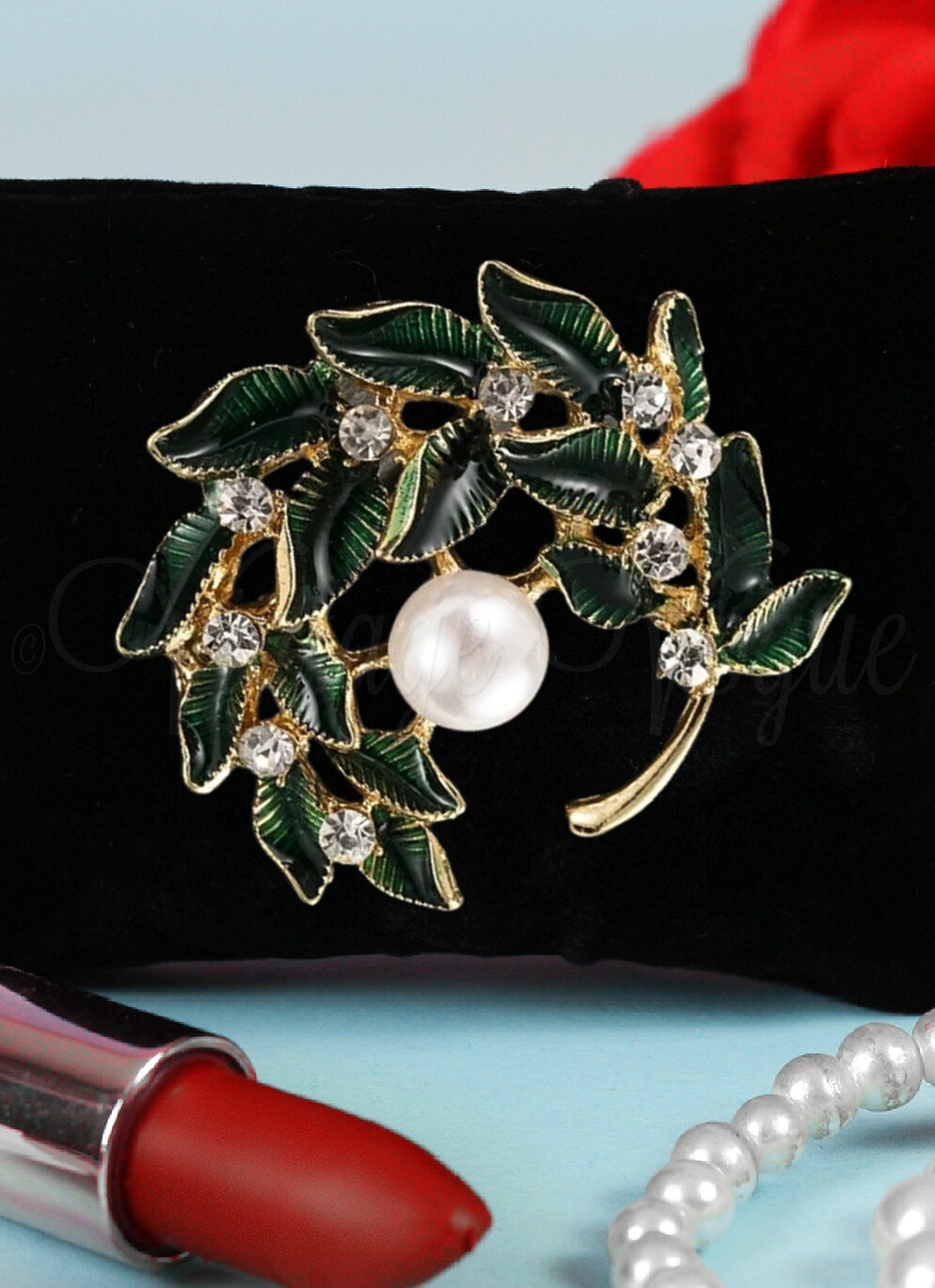 Oh so Retro! Vintage Strass Perlen Floral Brosche Green Shrub with Pearl in Grün